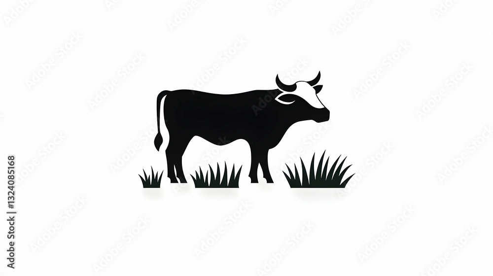 Black and White Silhouette of a Cow Grazing in Green Grass Black and White Silhouette of a Cow Grazing in Green Grass