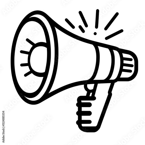 A black and white megaphone icon with decorative elements, symbolizing advertising, brand promotion, public awareness campaigns, and digital marketing strategies.