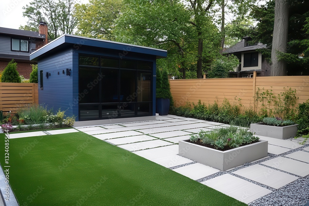 modern backyard oasis featuring geometric concrete pavers, premium artificial turf, horizontal cedar fencing, contemporary blue garden studio, and raised planters with architectural succulents