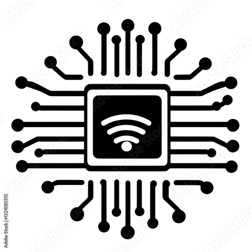 A black and white icon of a microchip with a WiFi signal, symbolizing smart technology, Internet of Things (IoT), and digital transformation in modern tech.