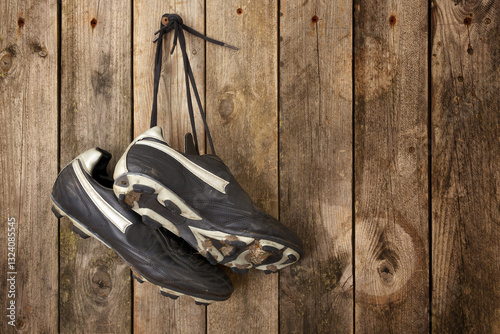 Black soccer shoes hanging from laces on wooden wall