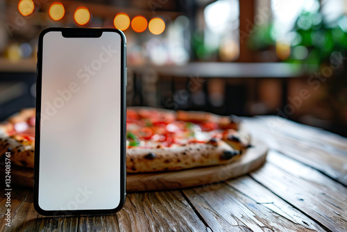 Smartphone with blank screen on wooden table next to pizza, showcasing app or delivery concept in restaurant setting, concept: food, phone, pizza, restaurant,