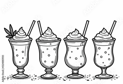Doodle-Style Dessert Drinks: Artistic Black and White Outline Featuring an Assortment of Milkshakes and Frappes, Perfect for Creative Projects, Invitations, and Café Decor.

