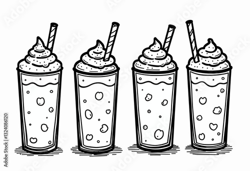 Outline Frappe Illustrations: Elegant Black and White Graphics of Milkshakes and Frappes with Toppings, Ideal for Café Menus, Dessert-Themed Websites, and Coloring Activities.

