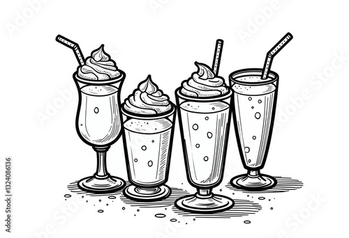 Black and White Frappe Collection: Monochrome Outline Illustration of Various Frappes and Milkshakes, Ideal for Coloring Pages, Menu Designs, and Minimalist Branding for Coffee Shops.

