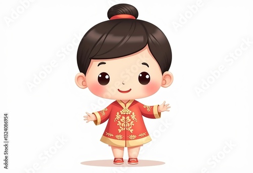 Delightful Chinese baby girl cartoon for your creative projects: Smiling face, standing in a front view, meticulously isolated on a pristine white background.

