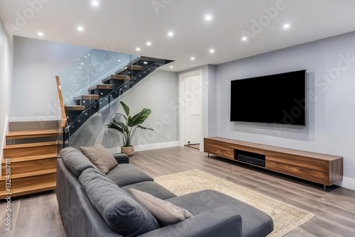 modern finished basement with charcoal sectional sofa, floating wooden staircase with glass railings, large wall-mounted smart tv, and warm recessed lighting creating a cozy entertainment space