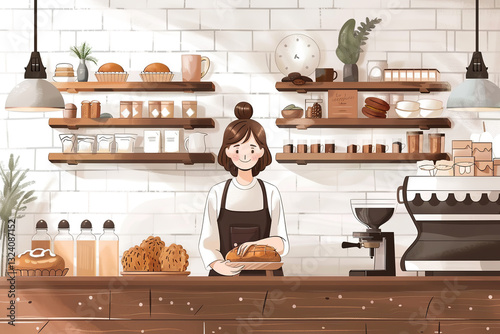 A young female worker in a cafe or bakery examines fresh baked goods, coziness, delicious food, and a small family business.