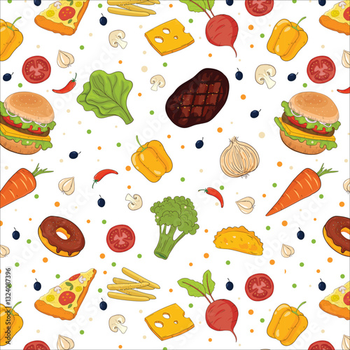 Fast food vector seamless pattern. Fastfood elements background. Hand drawn outline repeat illustration with hot dog, fries, cheeseburger, taco, pizza.