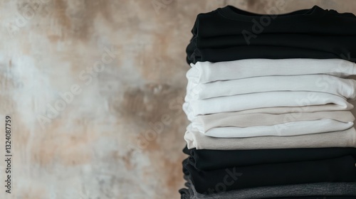 A well-organized stack of neatly folded clothing placed against a textured vintage wall, offering a glimpse into the everyday beauty and simplicity of modern fashion and style aesthetics.