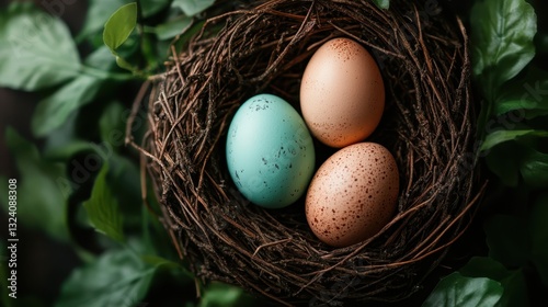 Delicately arranged colorful eggs in a nest showcase the beauty of nature, symbolizing nurturing and the promise of new life amidst lush greenery.