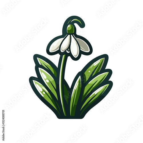 Stylized snowdrop flower with green leaves isolated on white background