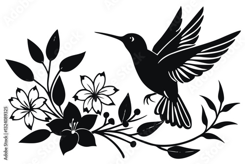 hummingbird drinking nectar from the flower. Exotic silhouette bird flying in the field grass. Decorative plants in a circle. Line art