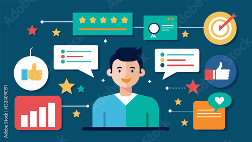 Extracting consumer sentiment from online reviews and ratings to inform product development and marketing strategies.. Vector illustration