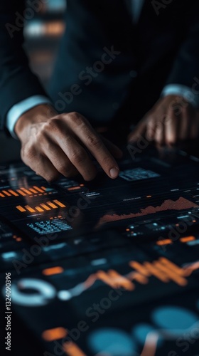 Business professional analyzing data on a touchscreen interface in a modern office