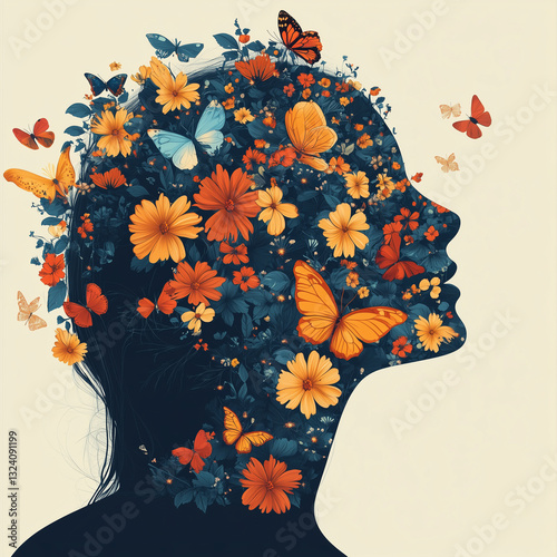 A woman's head is covered in flowers and butterflies. Concept of beauty and freedom, as the flowers and butterflies represent the natural world and the woman's inner self