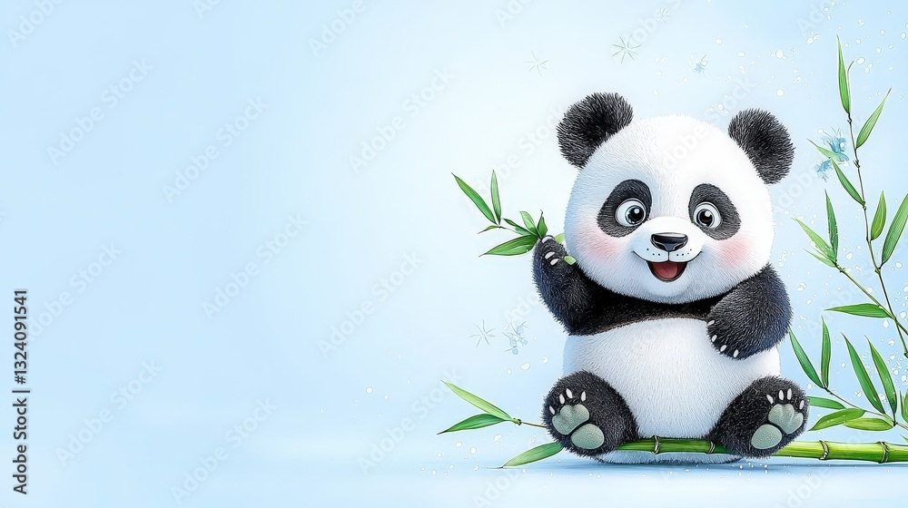 A handcrafted panda mask sways on a green bamboo branch, evoking a soft, cozy atmosphere. Plenty of empty space for text. A handcrafted panda mask sways on a green bamboo branch, evoking a soft, cozy atmosphere. Plenty of empty space for text.