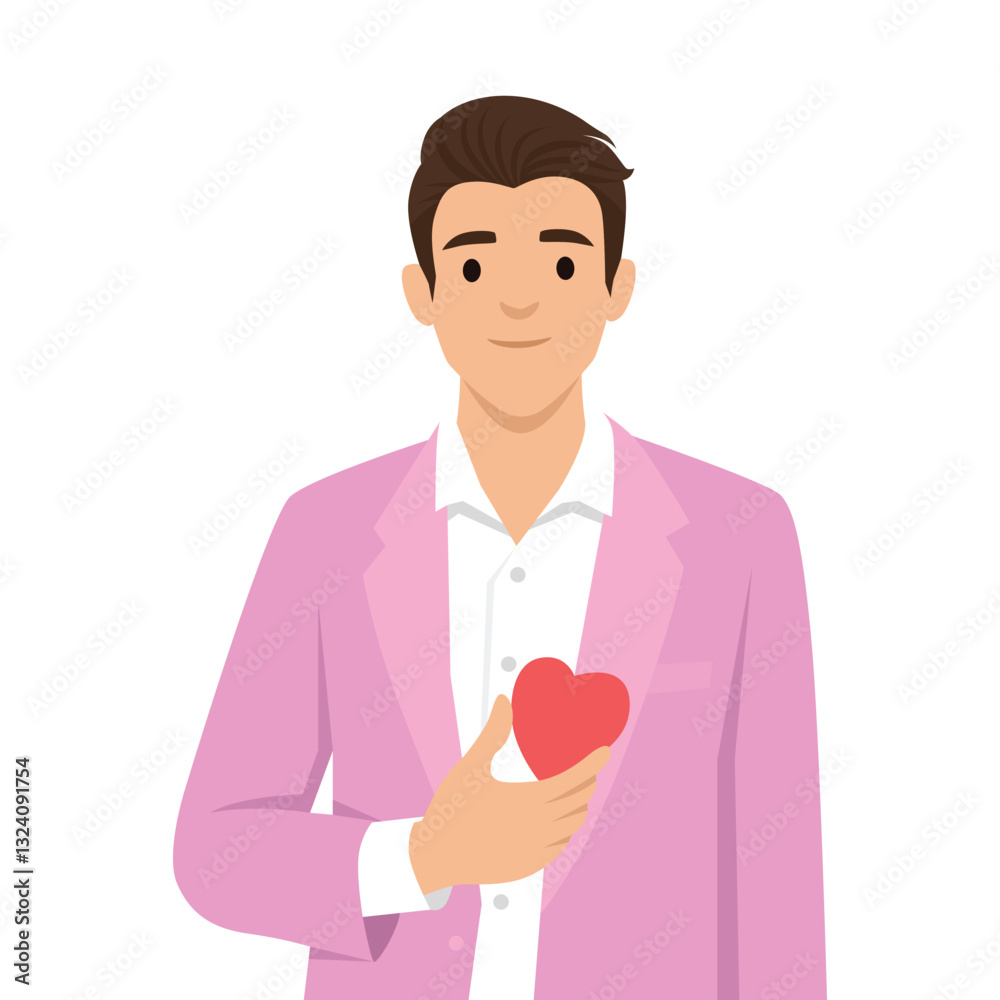 Man Holding a Heart Symbolizing Love and Affection. Man holds a red heart close to his chest. Flat vector illustration isolated on white background Man Holding a Heart Symbolizing Love and Affection. Man holds a red heart close to his chest. Flat vector illustration isolated on white background