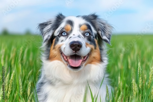 Happy Australian Shepherd in a Green Wheat Field photo