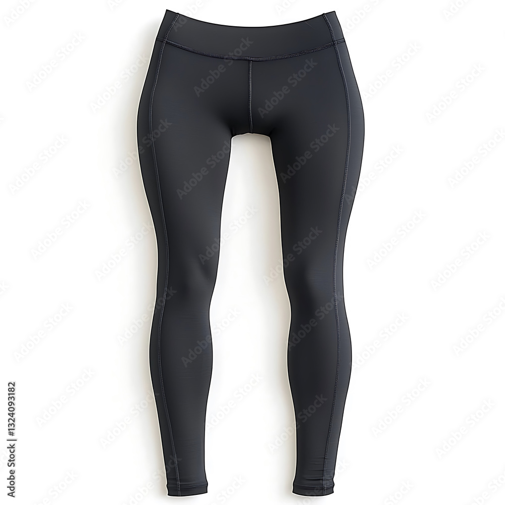 Close-up of dark-colored leggings sleek and form-fitting lying flat against a clean white background. Close-up of dark-colored leggings sleek and form-fitting lying flat against a clean white background.