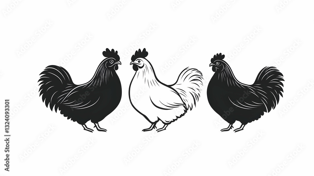 Fototapeta premium Three Stylized Chickens in Black and White Retro Illustration