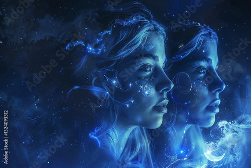 Abstract depiction of Gemini twins with stars and cosmic elements representing zodiac sign astrology and celestial imagery, concept: gemini, twins, zodiac, astrology, celestial