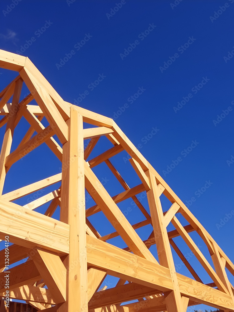 Obraz premium Wooden Roof Truss Construction Under Sunny Skies