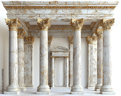 Elegant white marble columns and entablature adorned with gold accents stand against a bright neutral background.