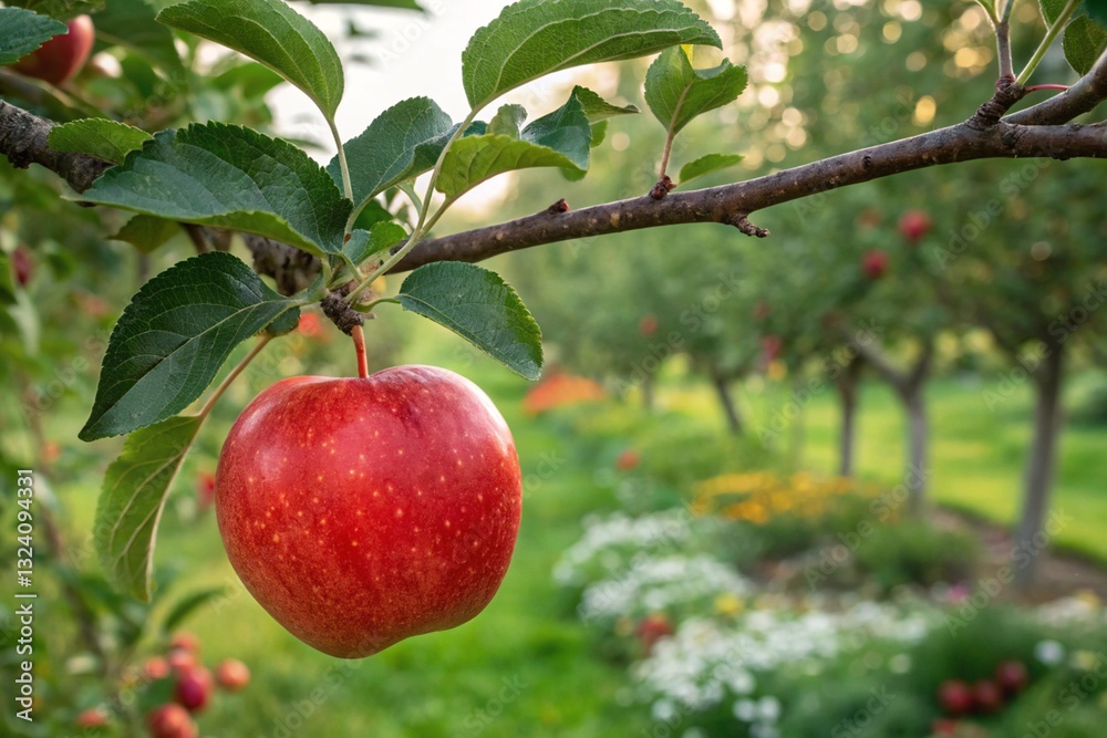 Apple tree with ripe green apples in orchard on a sunny day. Apple tree in the garden. Red apples on the tree Apple tree with ripe green apples in orchard on a sunny day. Apple tree in the garden. Red apples on the tree