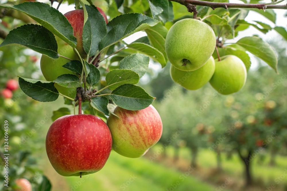 Apple tree with ripe green apples in orchard on a sunny day. Apple tree in the garden. Red apples on the tree Apple tree with ripe green apples in orchard on a sunny day. Apple tree in the garden. Red apples on the tree