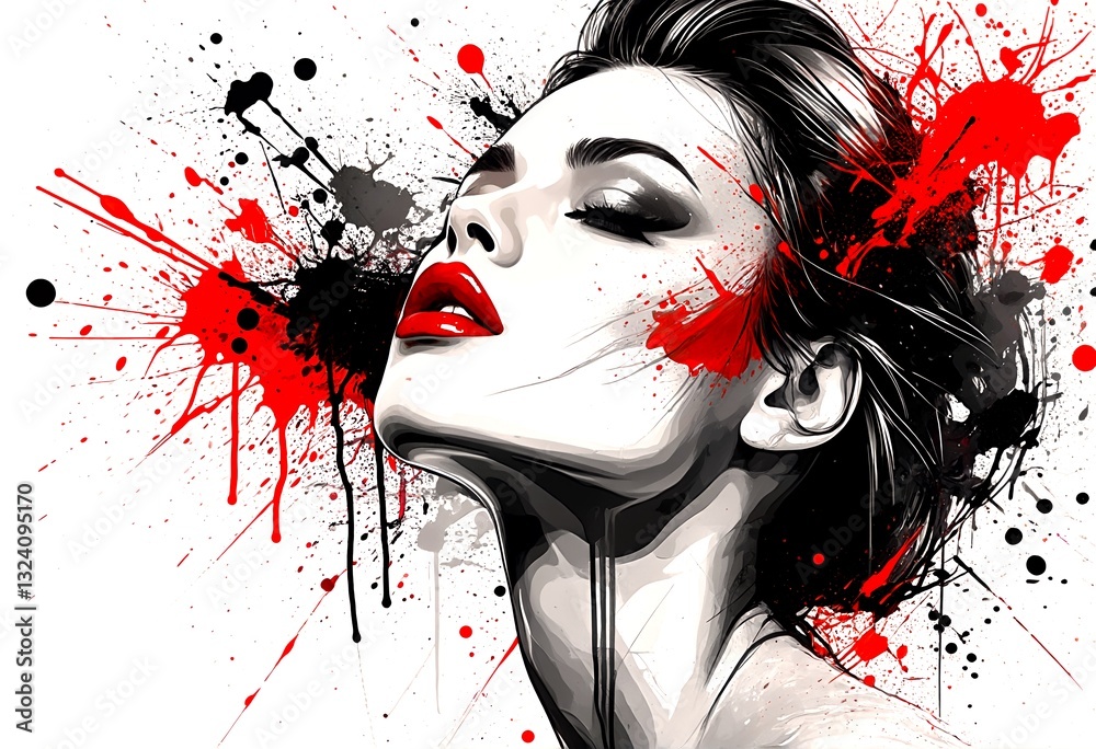 Fototapeta premium The girl with the red lipstick and paint splatters on her face.