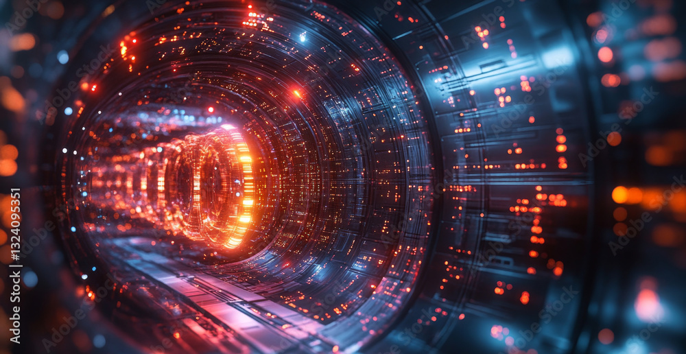 Fototapeta premium A vibrant tunnel of light and data represents quantum computing concepts like superposition and entanglement.