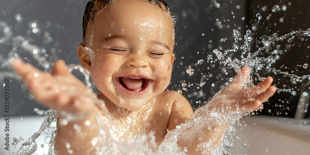 Obraz premium Baby in Bath with Water Splashes