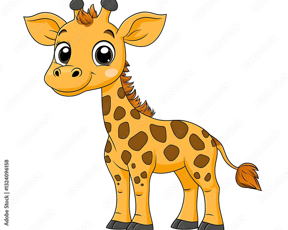 Fototapeta premium A cartoon giraffe with big round eyes and brown spots standing on a white background depicted in a cheerful bright style.