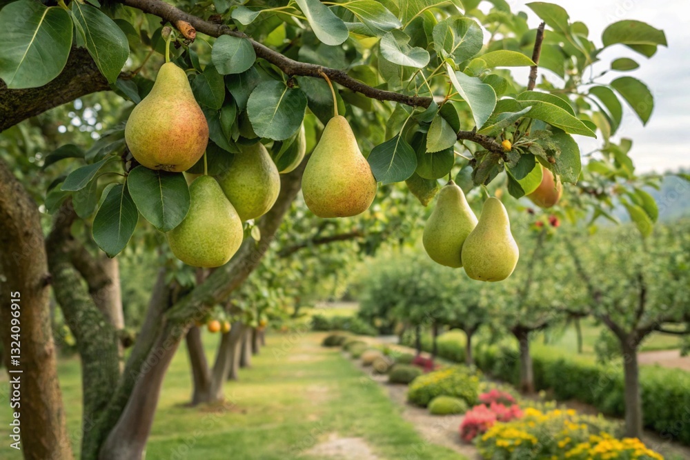 Ripe pears growing on a tree in an orchard. Pear tree in the garden. Agriculture Ripe pears growing on a tree in an orchard. Pear tree in the garden. Agriculture