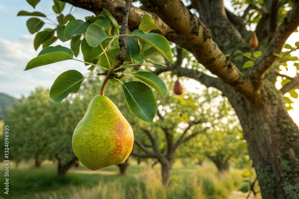 Ripe pears growing on a tree in an orchard. Pear tree in the garden. Agriculture Ripe pears growing on a tree in an orchard. Pear tree in the garden. Agriculture