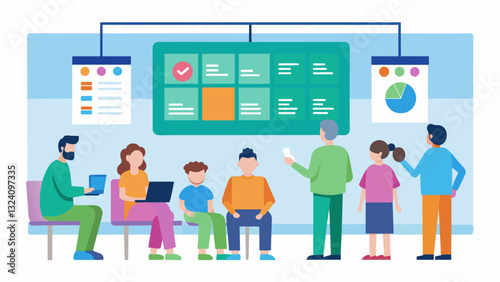 In a hospital waiting room an interactive data wall shows realtime wait times for different departments helping patients and their families plan their day accordingly.. Vector illustration
