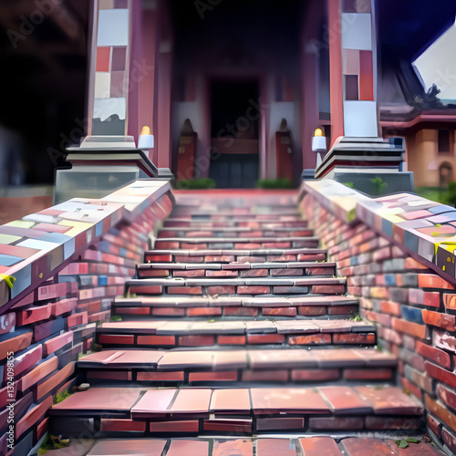 Abstract background of stairs to worship in the temple area in gradient purple and blue blur. Central Thailand. Brick, wall, stone, fabric, old, pattern, architecture, building, cement, brick, constru