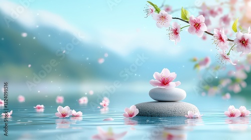 A small, peaceful 3D figure meditating near a  Zen garden with floating cherry blossoms.