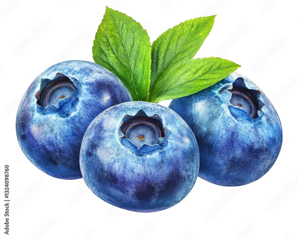 Obraz premium Fresh blueberries with green leaves, perfect for healthy snacks and desserts. Their vibrant color and juicy texture make them delightful addition to any dish