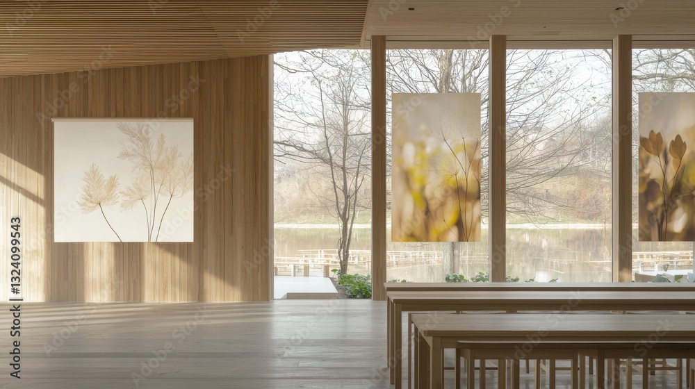 Fototapeta premium Serene and Modern Interior with Wooden Furnishings and Panoramic Nature Views Spacious and Bright Living Space with Large Overlooking a Peaceful Outdoor Landscape
