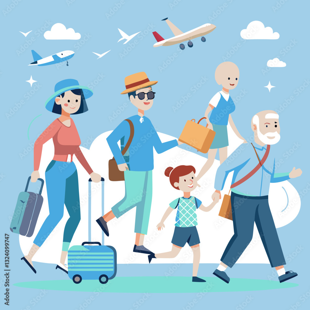cheerful illustration of family traveling together, featuring adults, child, and senior, all carrying luggage and walking under blue sky with airplanes and clouds cheerful illustration of family traveling together, featuring adults, child, and senior, all carrying luggage and walking under blue sky with airplanes and clouds