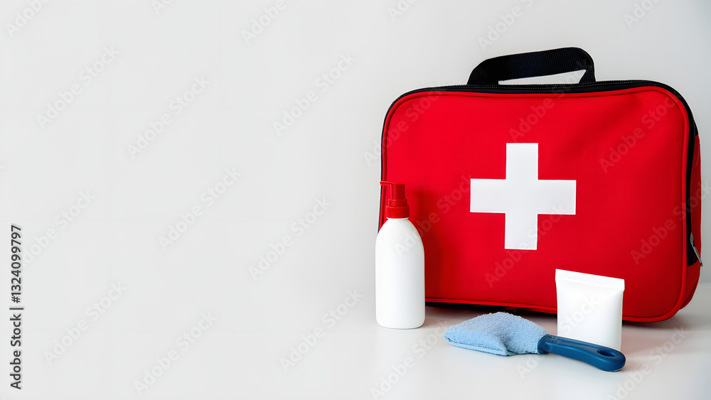 Emergency Preparedness Concept with a First Aid Kit and Essential Supplies Emergency Preparedness Concept with a First Aid Kit and Essential Supplies