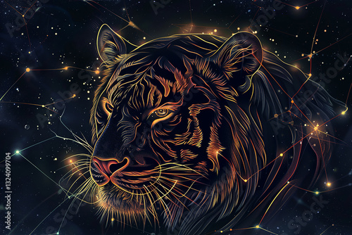 Abstract tiger illustration with constellation lines and stars representing zodiac animal astrology and cosmic big cat, concept: tiger, constellation, zodiac, , cosmic