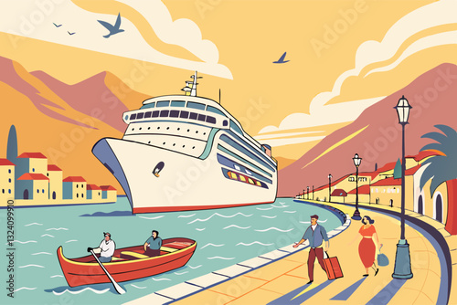 vibrant illustration of cruise ship docked at scenic coastal town, with people strolling along promenade and small boat in water, evoking sense of travel and leisure