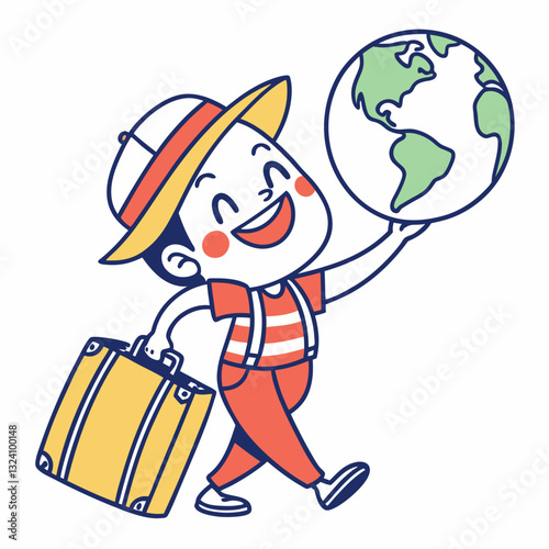 cheerful cartoon traveler holding globe and carrying suitcase, symbolizing exploration and adventure. character wears striped shirt, suspenders, and hat, exuding excitement for travel