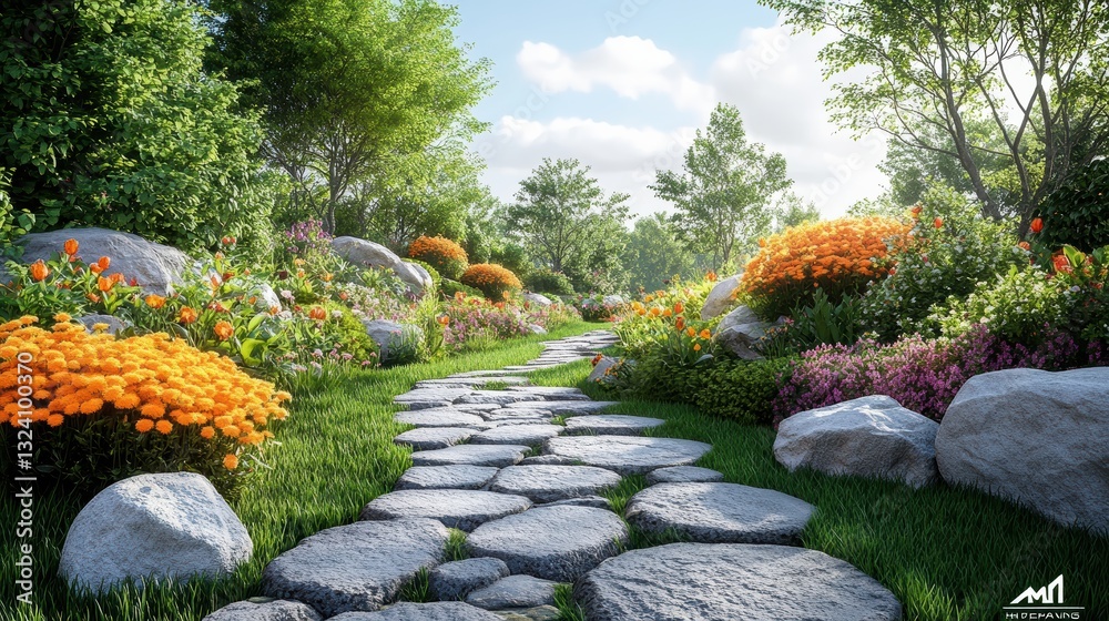 Enchanting Flower Garden with a Stone Pathway Beside a Brick House on a Sunny Day, Featuring Vibrant Blooming Flowers, Lush Greenery, and a Bright Blue Sky with White Clouds