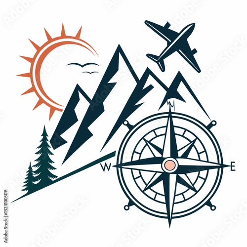 stylized illustration featuring compass, mountains, sun, airplane, and trees, symbolizing adventure and exploration