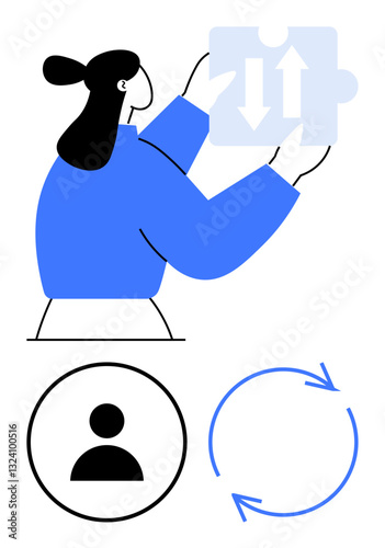 Person holding puzzle piece with arrows, user profile icon, and circular arrows. Ideal for collaboration, problem-solving, team building, strategy, innovation processes and systems. Flat simple