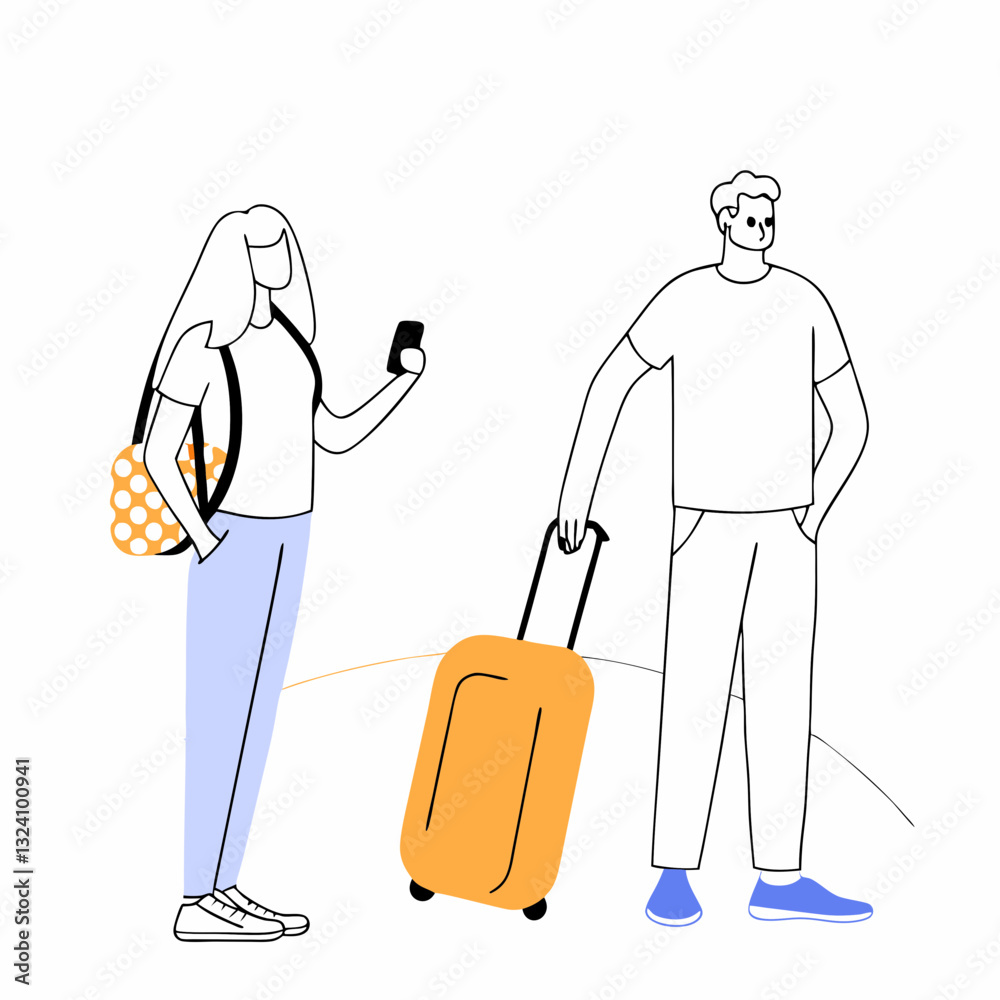 minimalistic illustration of two travelers, one holding smartphone and other with suitcase, suggesting journey or vacation. design is clean and modern, with bright accents minimalistic illustration of two travelers, one holding smartphone and other with suitcase, suggesting journey or vacation. design is clean and modern, with bright accents